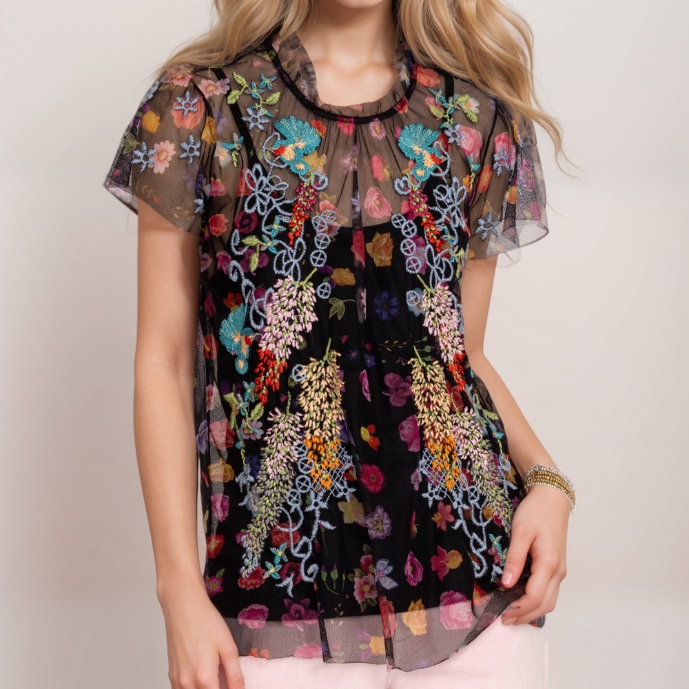 Johnny Was Biya Rheia Floral Flower Embroidered Stitched Mesh Blouse NWT NEW XL